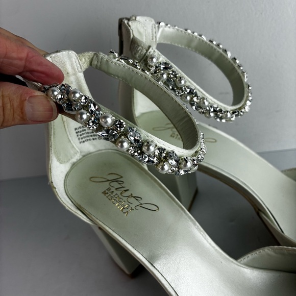 Jewel by Badgley Mischka Beaded Ankle Strap White Satin Chunky Heels - Picture 2 of 9